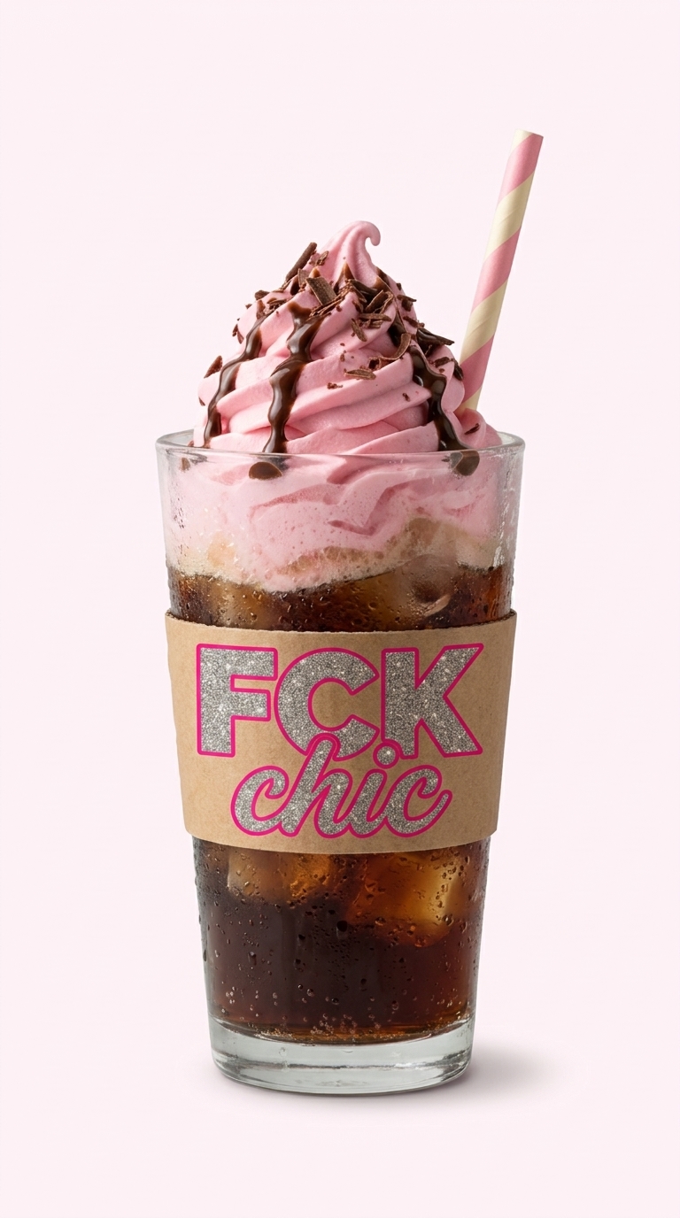 Pink Coke Float with pink ice cream and chocolate topping