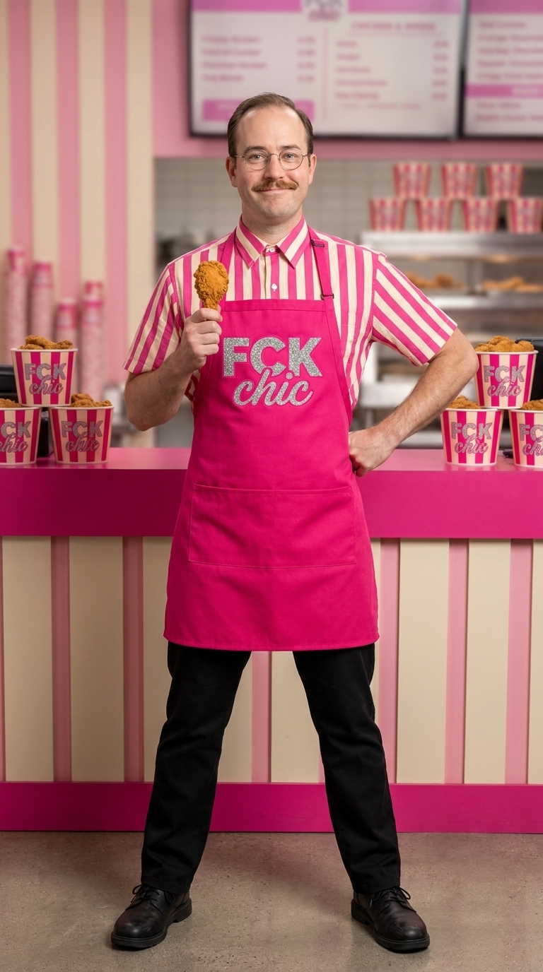 Todd holding a chicken drumstick at FCK chic