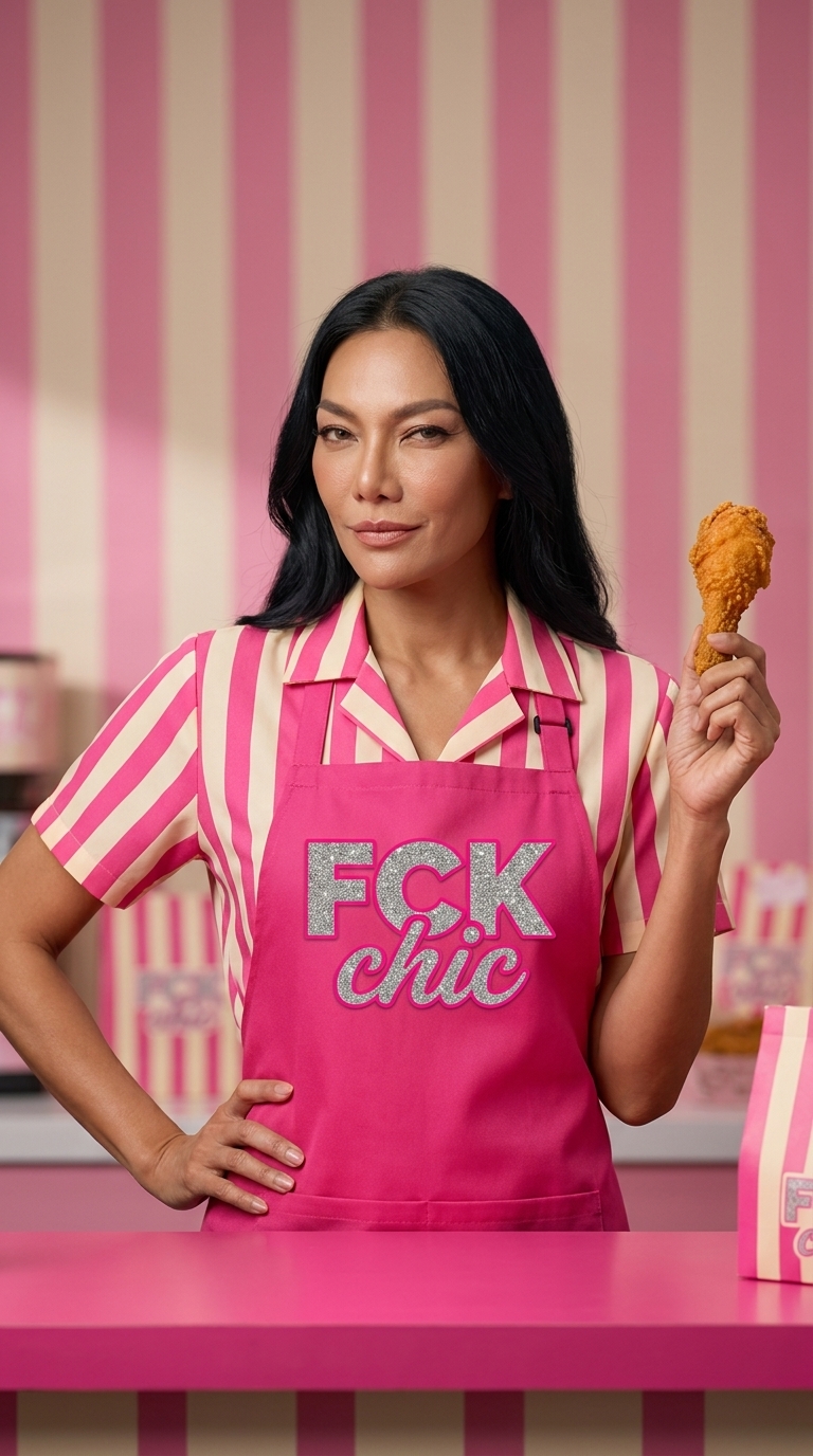 Vivian holding a chicken drumstick at FCK chic